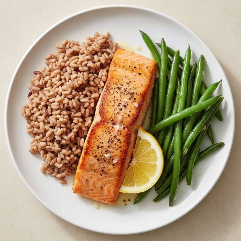 Seared Salmon with Steamed Green Beans and Brown Rice