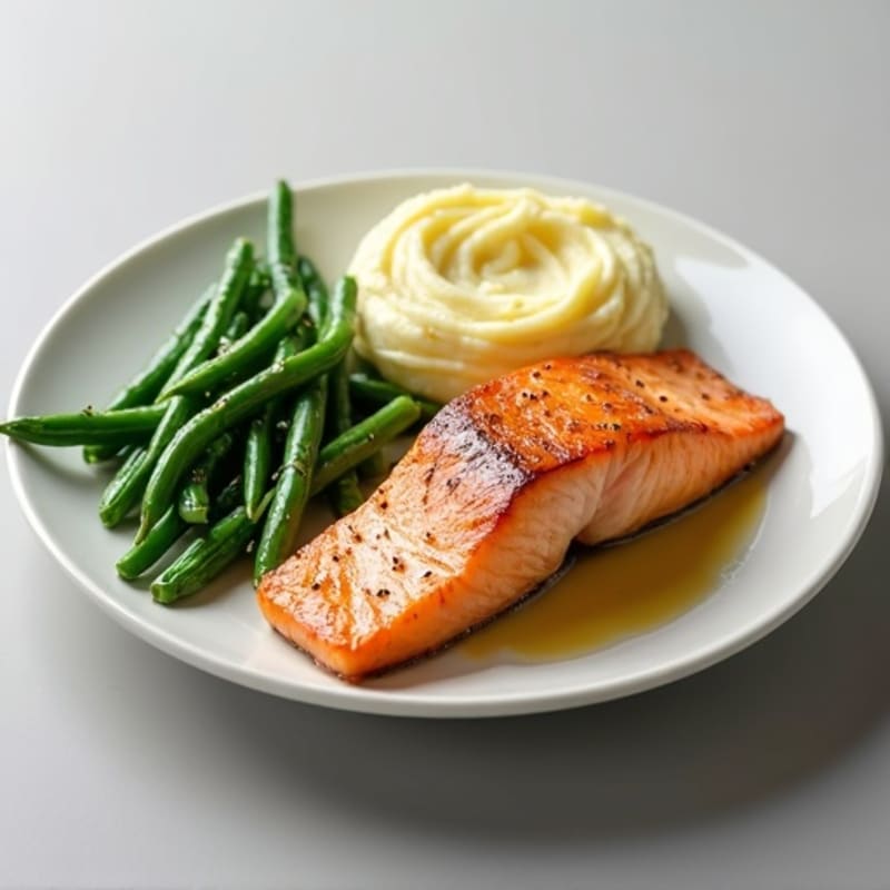 Seared Salmon Fillet with Steamed Green Beans and Garlic Mashed Potatoes