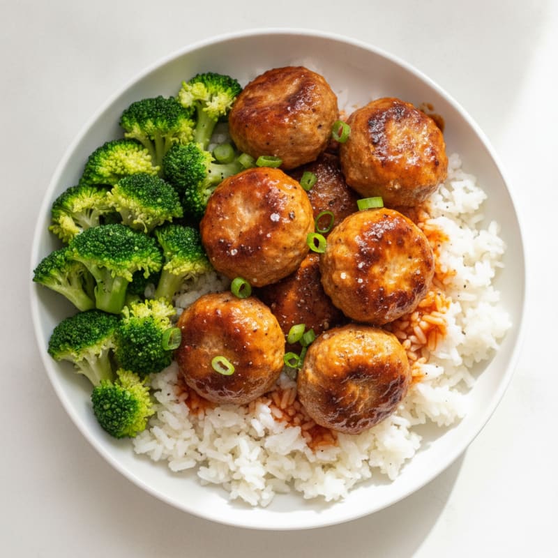 Turkey Meatballs with Jasmine Rice and Sriracha Glaze