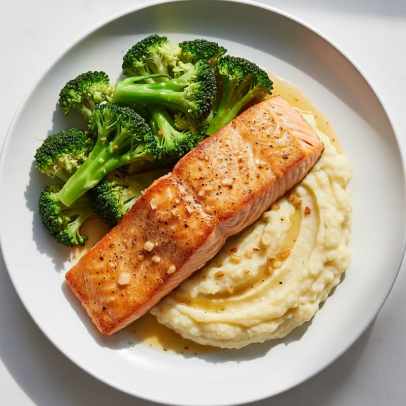 Seared Salmon Fillet with Steamed Broccoli and Garlic Cauliflower Mash