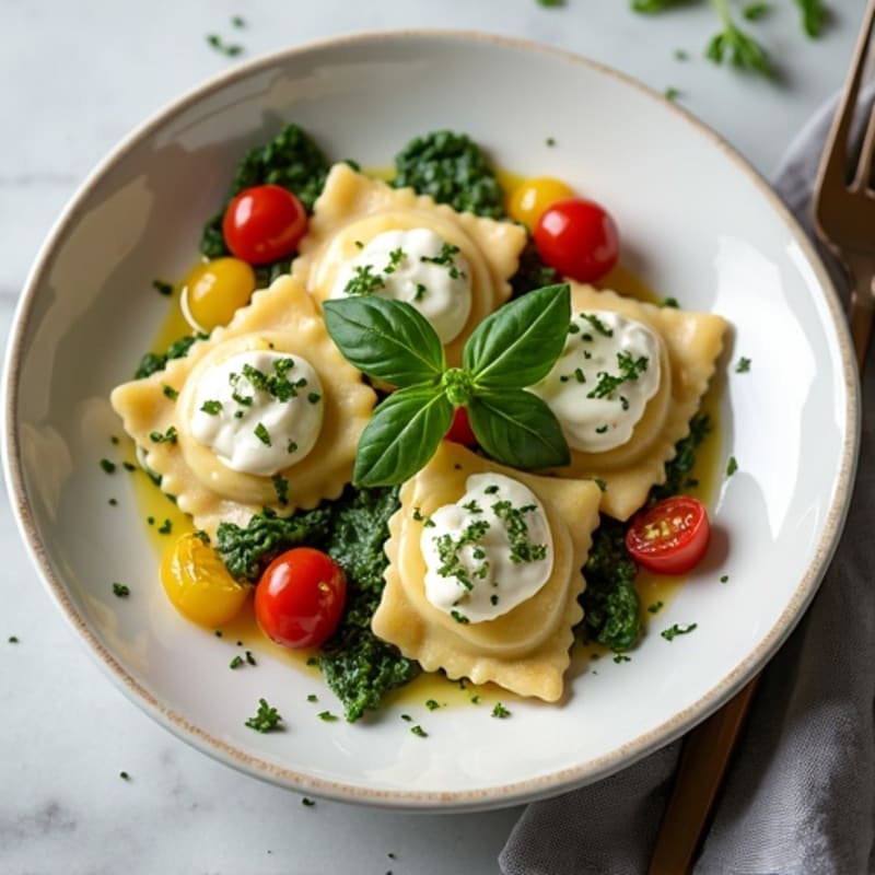 Spinach and Ricotta Ravioli with Roasted Cherry Tomatoes and Fresh Basil