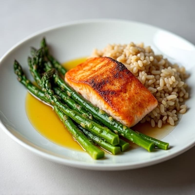 Seared Salmon with Steamed Asparagus and Brown Rice