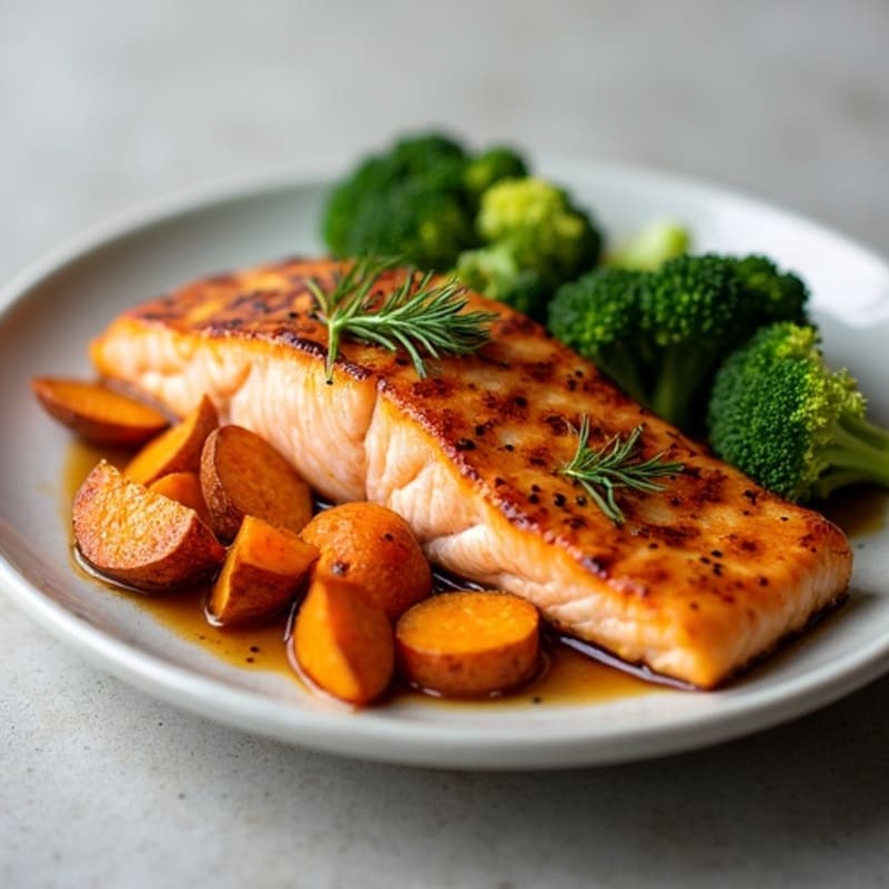 Date-Glazed Salmon with Roasted Sweet Potatoes and Garlicky Broccoli