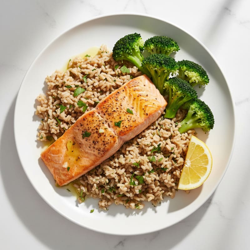 Seared Salmon Fillet with Steamed Broccoli and Herbed Brown Rice