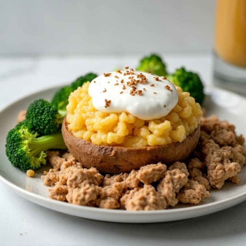 Fluffy Baked Potato with Lean Ground Turkey, Steamed Broccoli, and Creamy Greek Yogurt