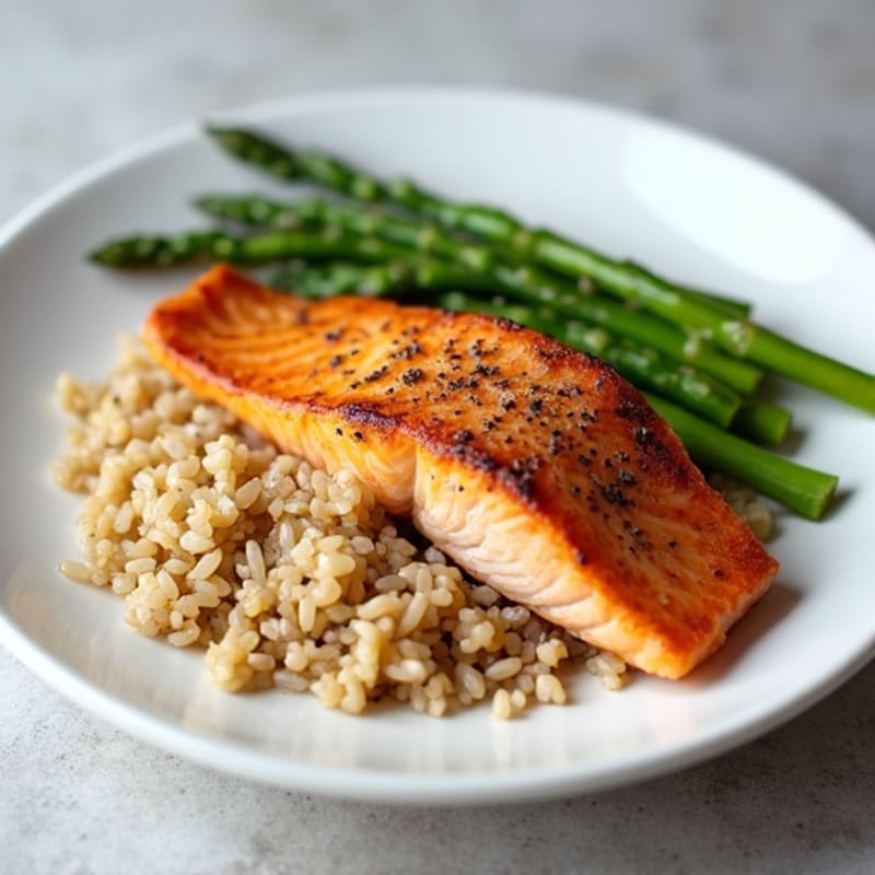 Seared Salmon with Steamed Asparagus and Brown Rice