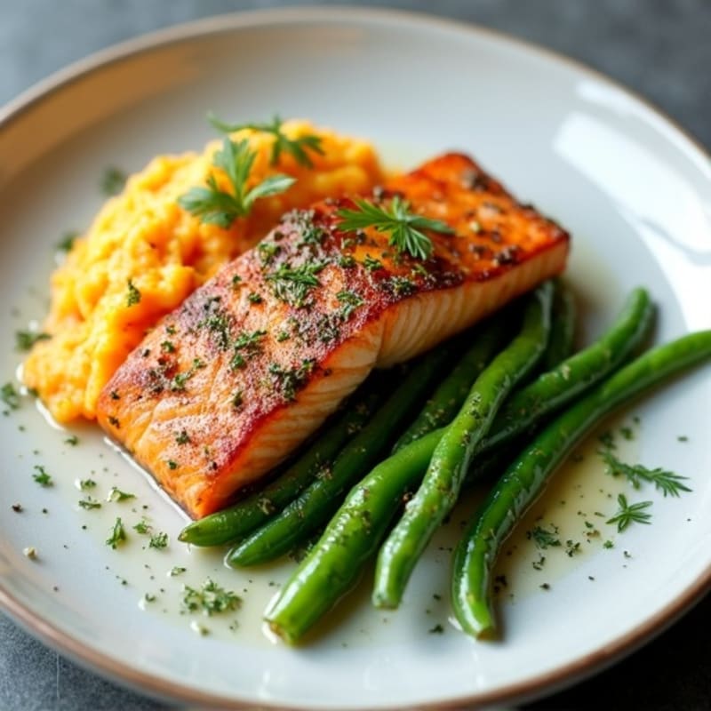 Seared Herb-Crusted Salmon with Steamed Green Beans and Sweet Potato Mash