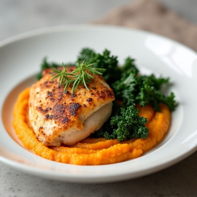 Roasted Chicken with Creamy Sweet Potato Puree and Crispy Kale