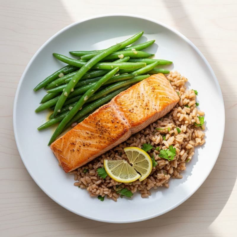 Seared Salmon with Steamed Green Beans and Herb Rice