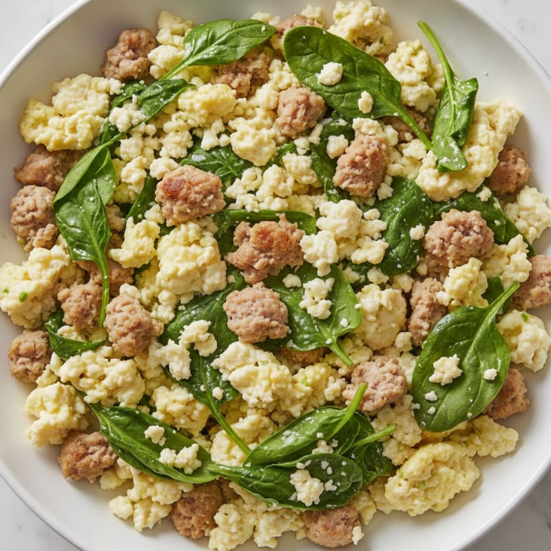 Cottage Cheese Scramble with Spinach and Turkey Sausage