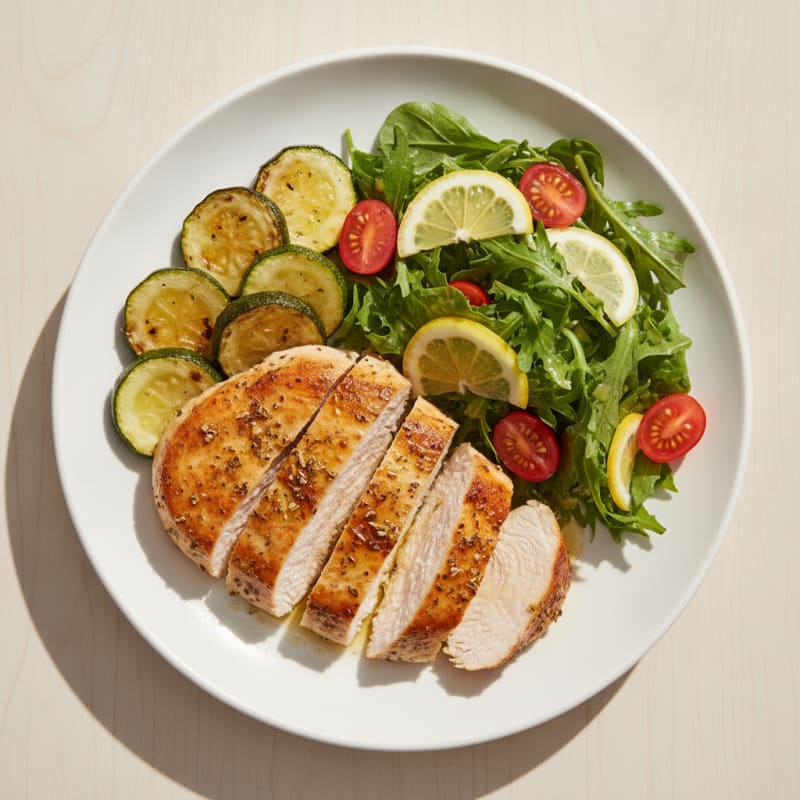 Seared Turkey Breast with Roasted Zucchini and Side Salad