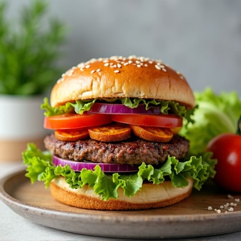 Lean Beef Burger with Crispy Roasted Sweet Potatoes