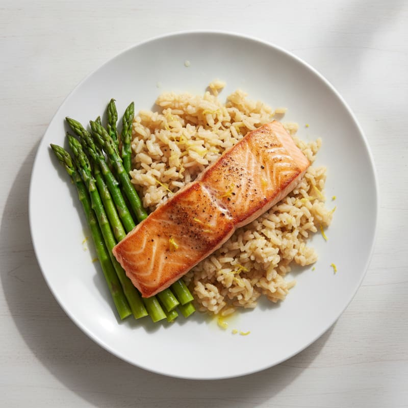 Seared Salmon Fillet with Steamed Asparagus and Lemon Brown Rice