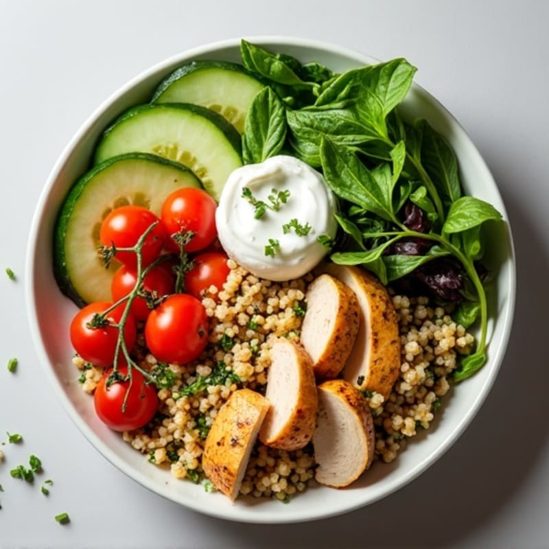 Roasted Chicken Quinoa Bowl with Fresh Greens and Creamy Lemon-Herb Dressing