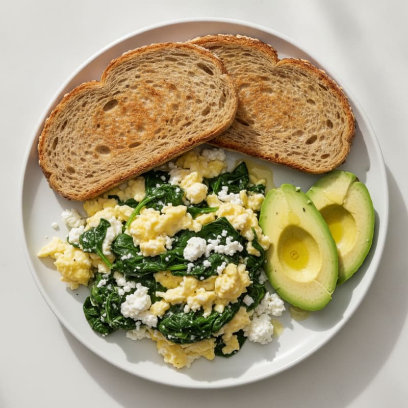 Scrambled Eggs with Cottage Cheese and Sautéed Spinach