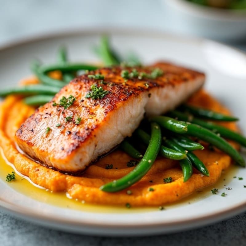Seared Salmon with Garlic Green Beans and Sweet Potato Mash