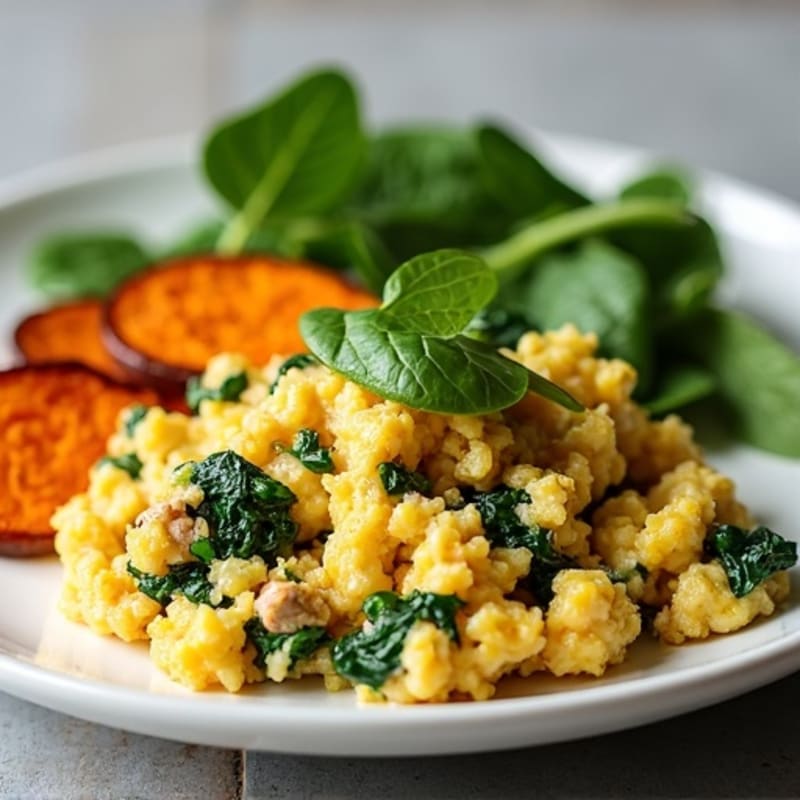Egg White and Turkey Spinach Scramble with Roasted Sweet Potato