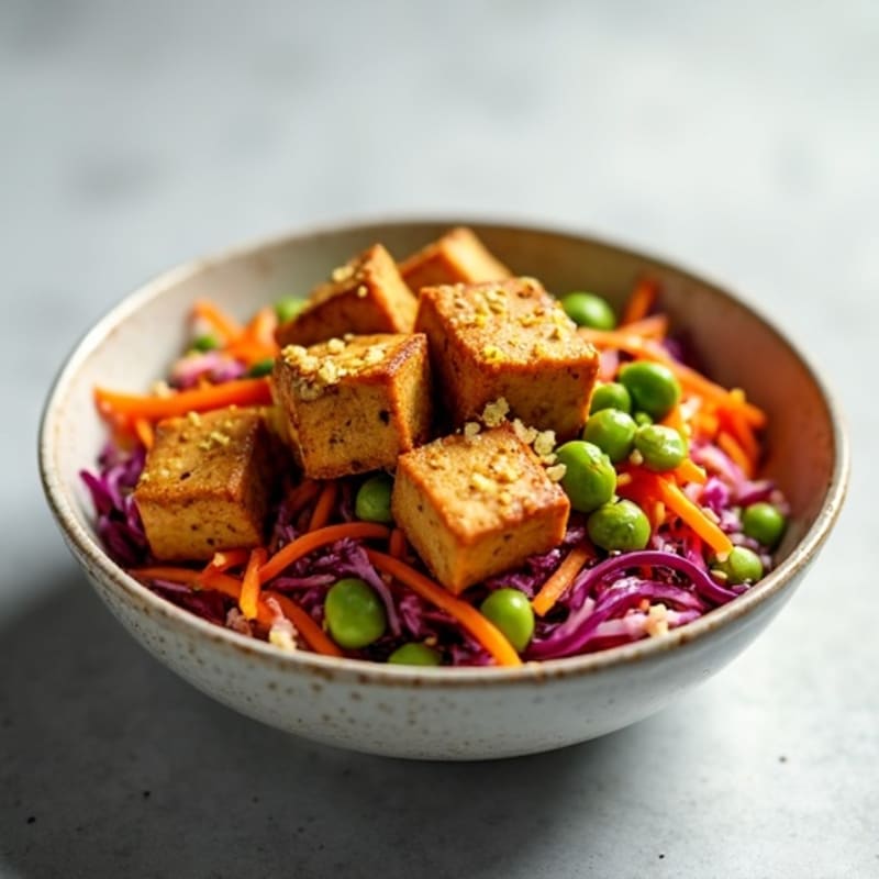 Spicy Peanut Tofu with Crunchy Rainbow Slaw