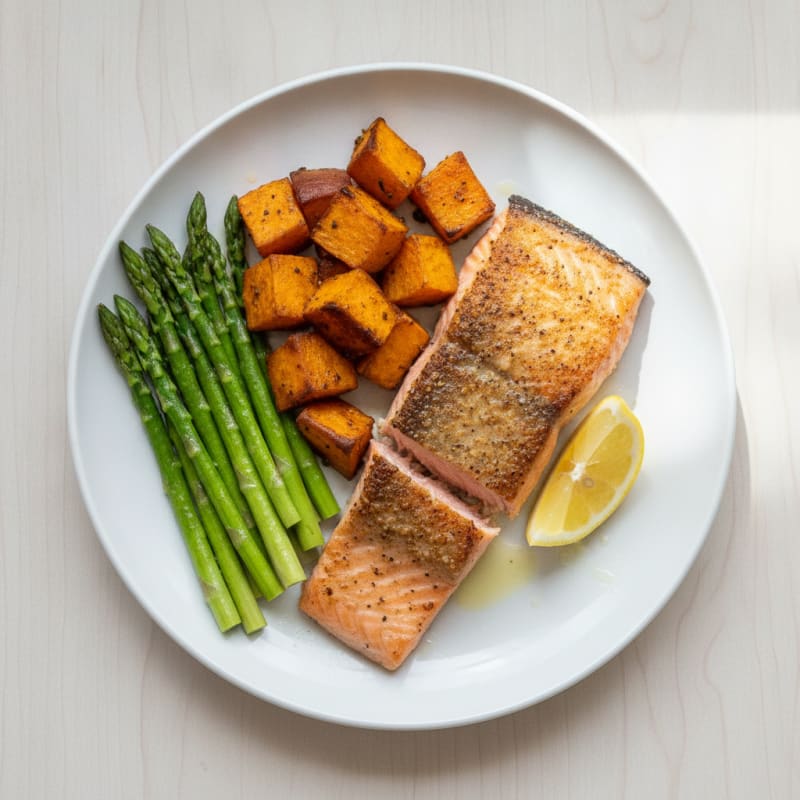 Seared Salmon with Roasted Sweet Potato and Asparagus