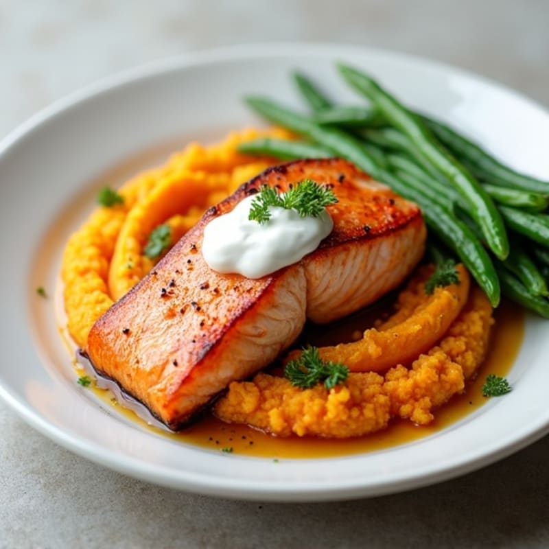 Seared Salmon with Steamed Green Beans and Sweet Potato Mash