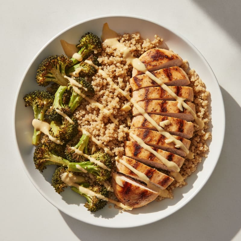 Grilled Chicken and Quinoa Bowl with Roasted Broccoli and Lemon Tahini Drizzle