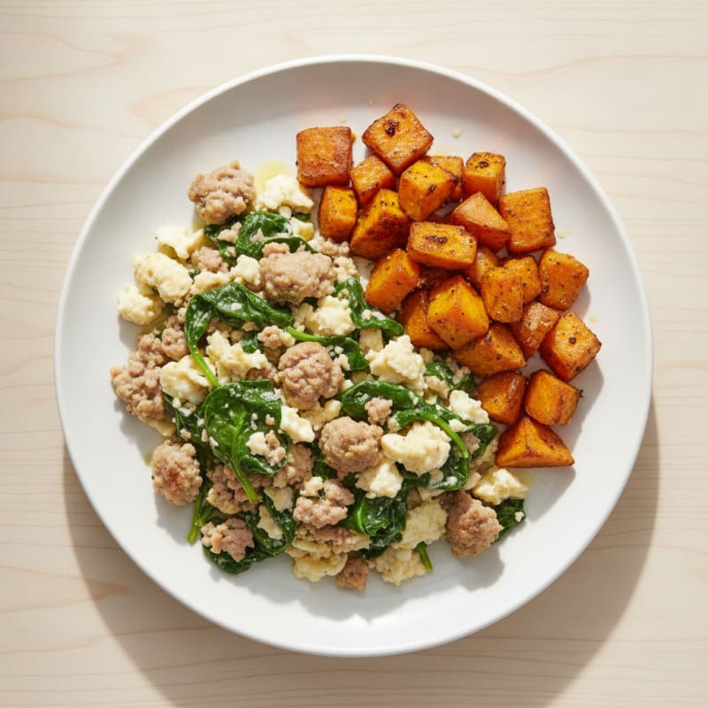 Egg White and Turkey Sausage Scramble with Spinach and Roasted Sweet Potatoes