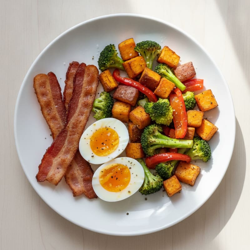 Boiled Eggs with Turkey Bacon & Roasted Vegetables