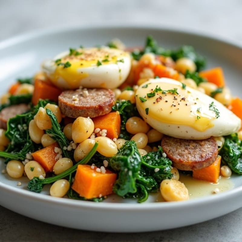 Egg White Spinach Scramble with Turkey Sausage and Roasted Sweet Potato