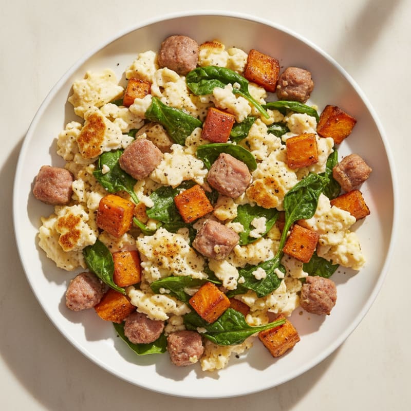 Egg White and Turkey Sausage Scramble with Spinach and Sweet Potato
