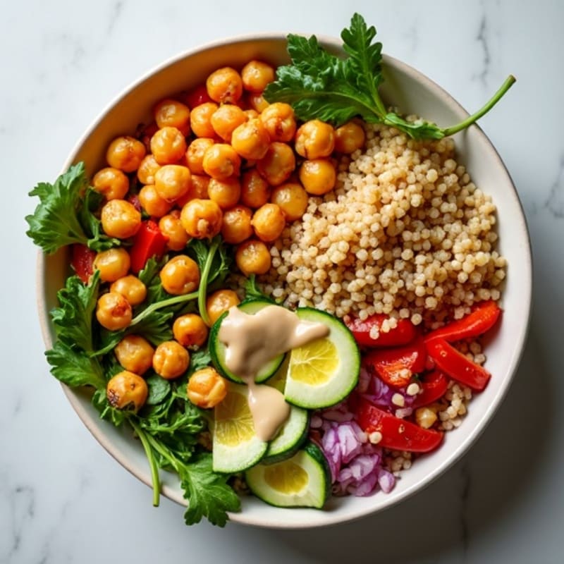 Crispy Chickpea and Roasted Vegetable Buddha Bowl with Creamy Lemon-Tahini Dressing