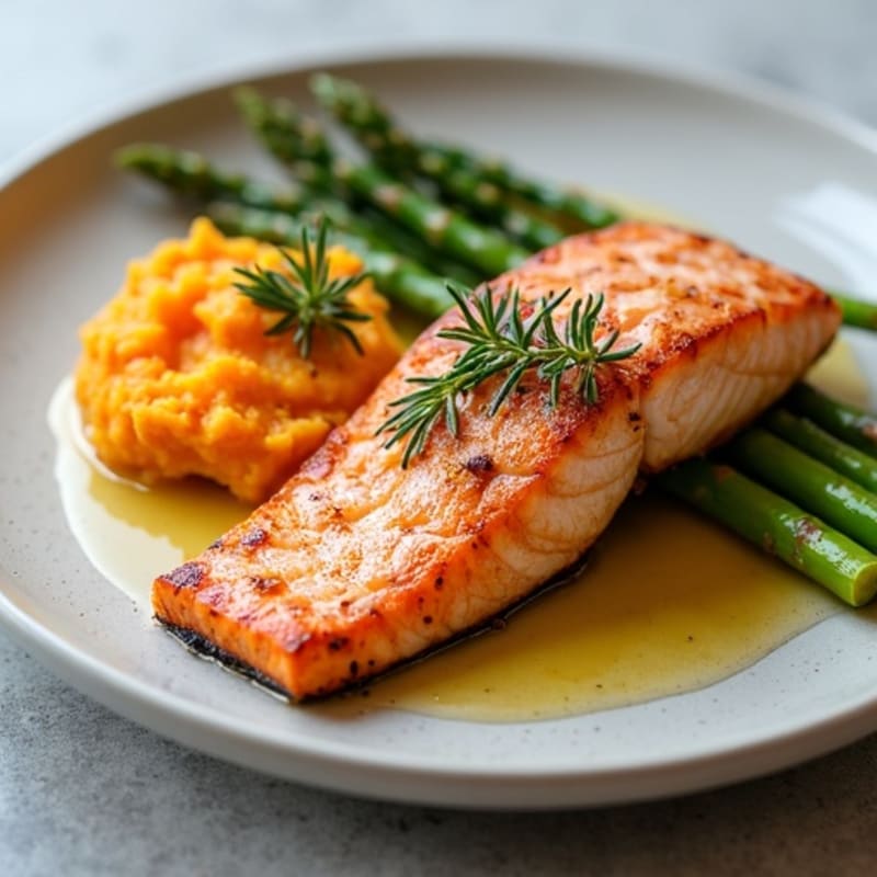 Seared Salmon Fillet with Roasted Asparagus and Sweet Potato Mash