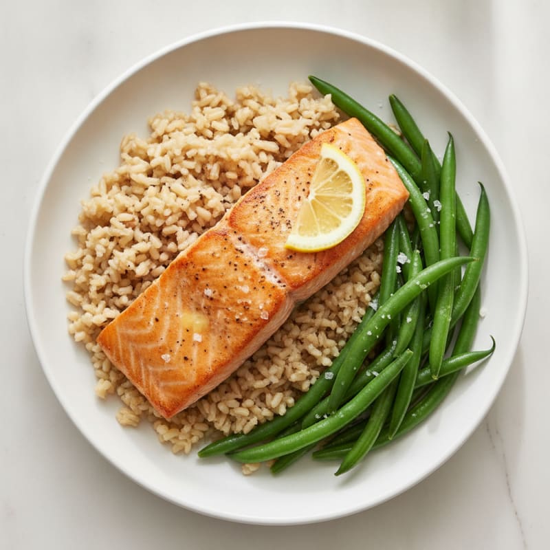 Seared Salmon with Steamed Green Beans and Brown Rice