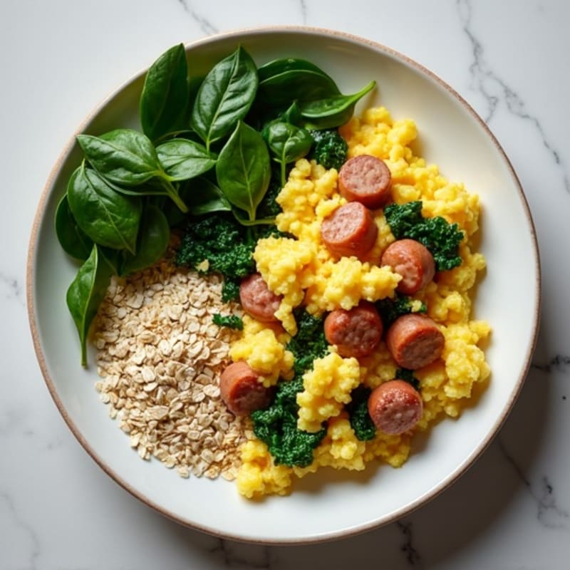 Egg White and Turkey Sausage Scramble with Sautéed Spinach and Oatmeal