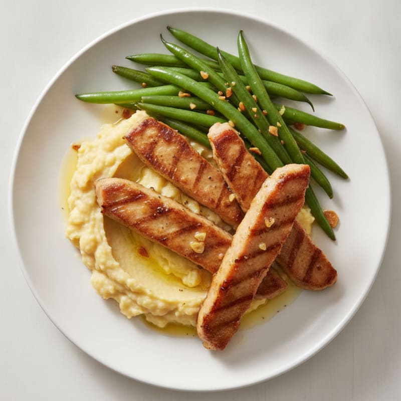 Seared Seitan with Garlic Green Beans and Chickpea Mash