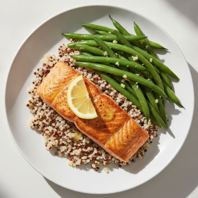 Seared Salmon Fillet with Garlic Green Beans and Quinoa
