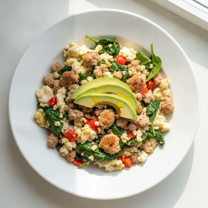 Egg White Spinach Scramble with Turkey Sausage