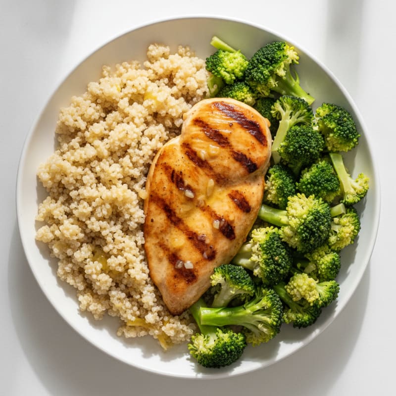 Grilled Lemon-Garlic Chicken Breast with Quinoa and Steamed Broccoli