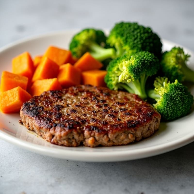 Lean Ground Beef and Crispy Roasted Broccoli with Sweet Potato