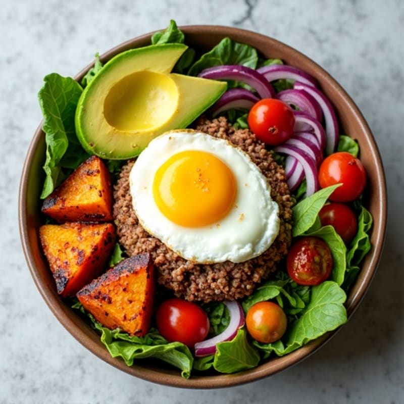 Loaded Beef Burger Bowl with Roasted Sweet Potatoes and Fresh Greens