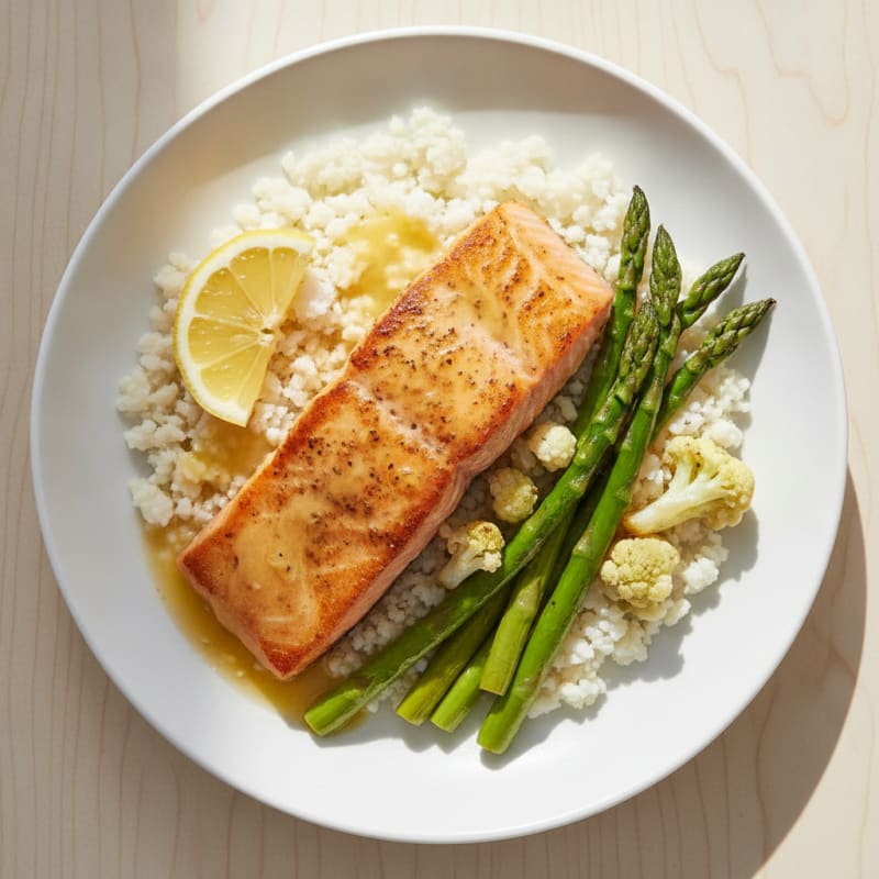 Seared Salmon Fillet with Roasted Asparagus and Cauliflower Rice