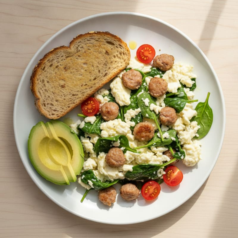Egg White and Spinach Scramble with Turkey Sausage