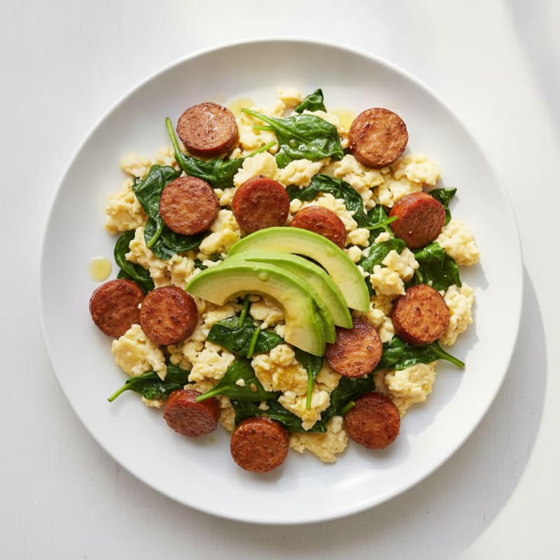 Egg White Scramble with Turkey Sausage and Sautéed Spinach