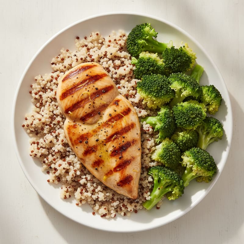 Grilled Lemon Pepper Chicken Breast with Quinoa and Steamed Broccoli