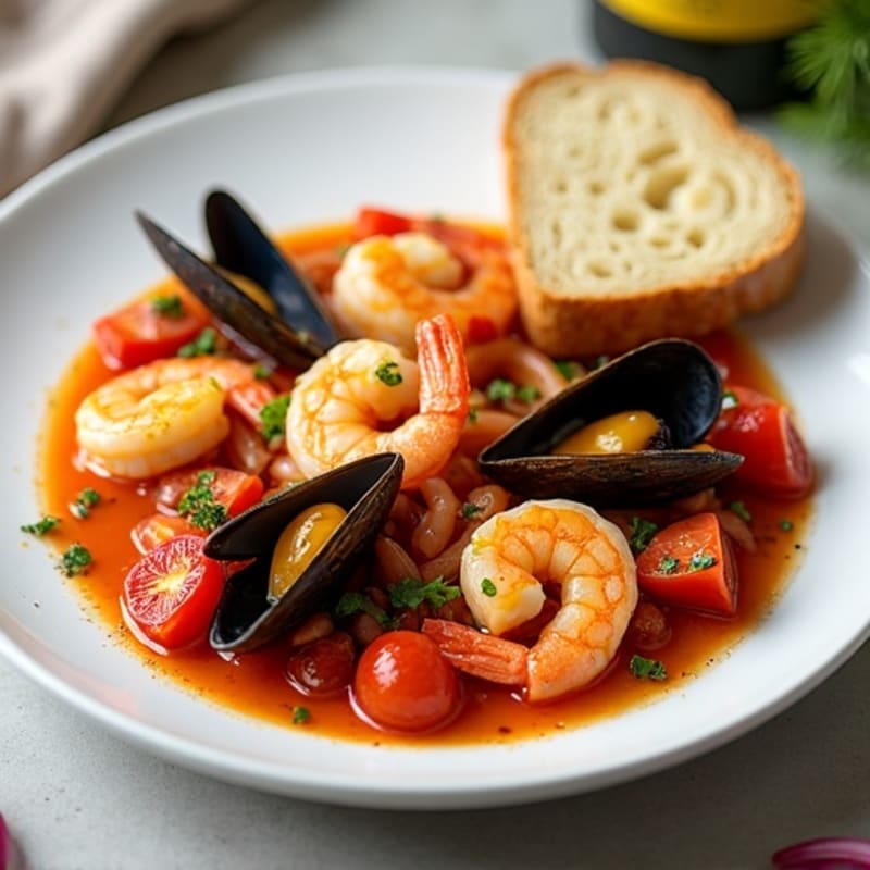 Tomato-Braised Shrimp and Mussels with Fresh Fennel and Rustic Olive Oil Bread