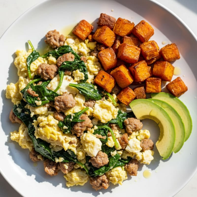 Egg White Scramble with Turkey Sausage and Sautéed Spinach