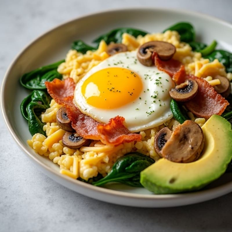 Egg and Bacon Scramble with Sautéed Mushrooms and Spinach