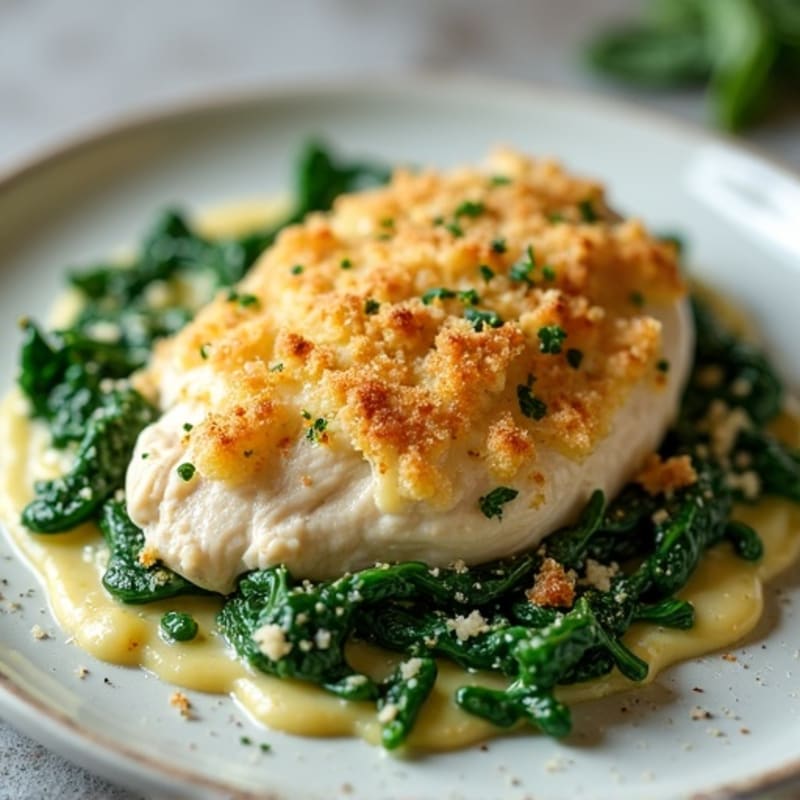 Creamy Baked Chicken with Spinach and Parmesan-Almond Crust