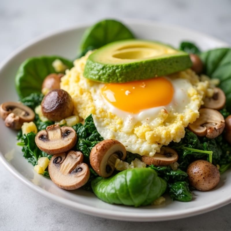 Egg White and Turkey Spinach Scramble with Sautéed Mushrooms