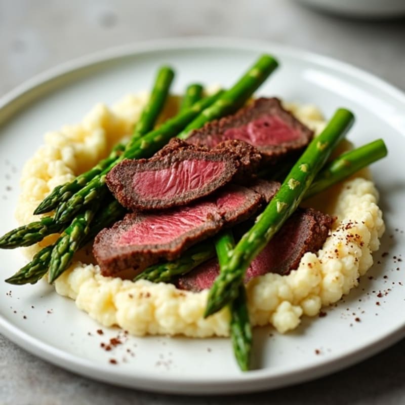 Seared Lean Beef Strips with Steamed Asparagus and Cauliflower Mash