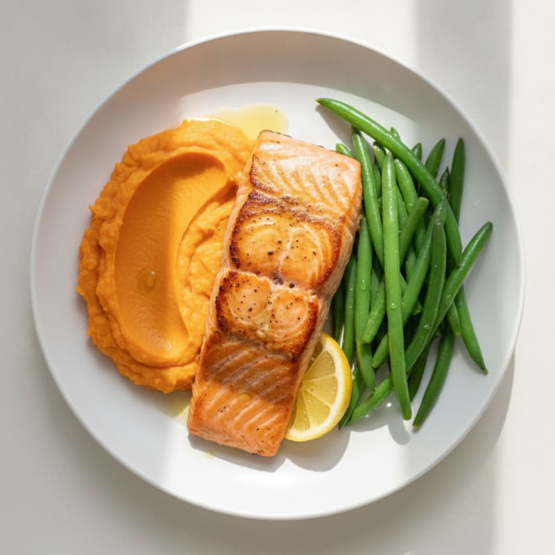 Seared Salmon Fillet with Steamed Green Beans and Sweet Potato Mash